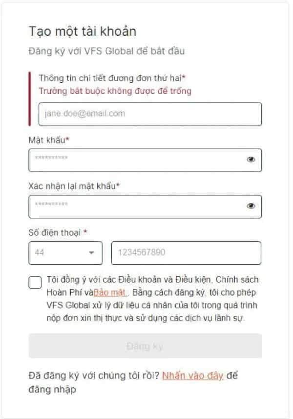 Điền thông tin đăng ký tài khoản VFS Global