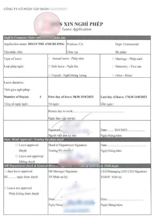 Đơn xin nghỉ phép song ngữ xin visa