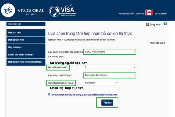 Chọn thông tin đặt lịch hẹn Canada