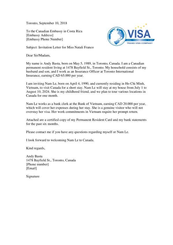 Mẫu thư mời xin visa du lịch Canada